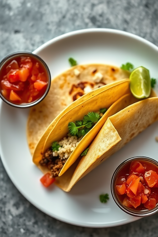 Taco on a white plate with two small bowls of salsa and pico de gallo, shot with a Canon EOS R5 at f/2.8, ISO 800, 1/60 sec, top-down view, natural lighting, focus on taco details and textures.