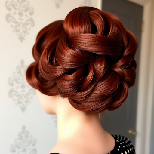 Rich mahogany red hair in a classic 1940s victory roll updo, Vintage Vixen style, featuring glossy waves and perfectly coiffed rolls for timeless glamour