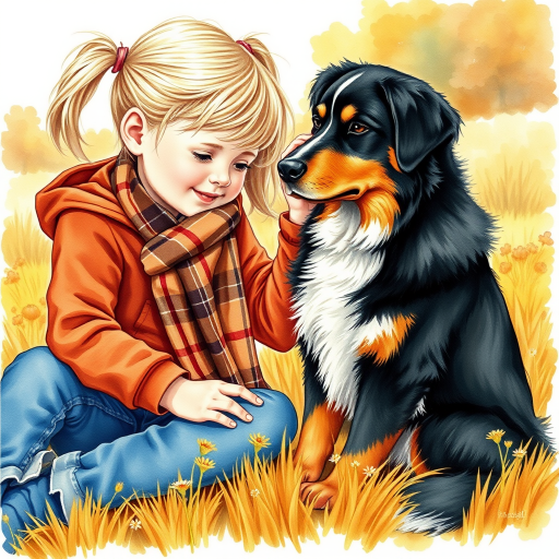 A detailed watercolor and acrylic illustration showing a heartwarming scene between a young blonde girl in pigtails and a Bearnaise Mountain dog. The girl, dressed in a rust hoodie, jeans, and a plaid scarf, gently rests her hand on the dog’s head. The dog, with black, copper, and white fur, sits beside her, tilting its head in affection. They sit on golden grass with wildflowers, against a sunny fall background. The artwork focuses on realistic textures and the tender bond between them.
