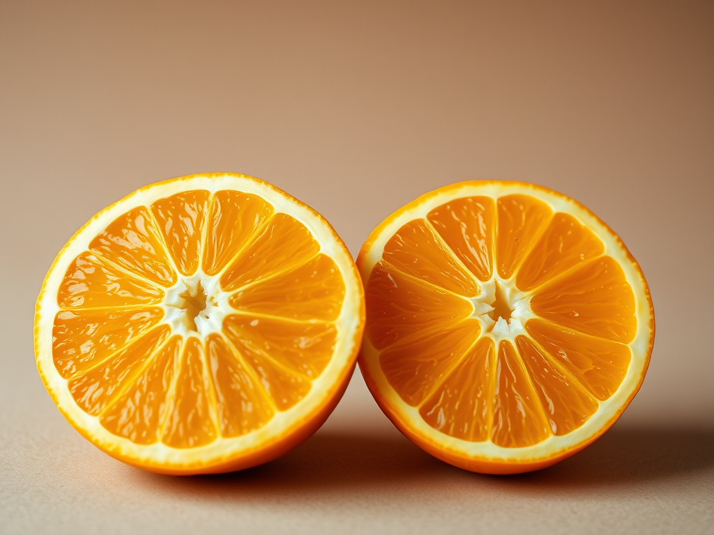 Generate a high-resolution image of a whole orange next to a halved orange, using a DSLR camera with a 50mm lens, aperture set to f/2.8, ISO 100, and a shallow depth of field to emphasize texture and color vibrancy against a neutral background.