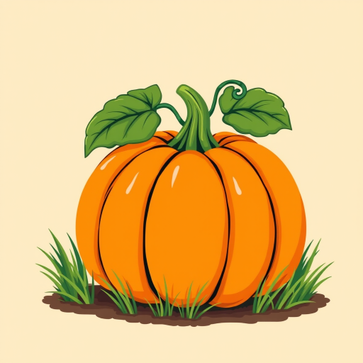 Create an illustration of a large vibrant orange pumpkin with a curly green stem and green leaves on top sitting on a patch of grass against a soft beige background.