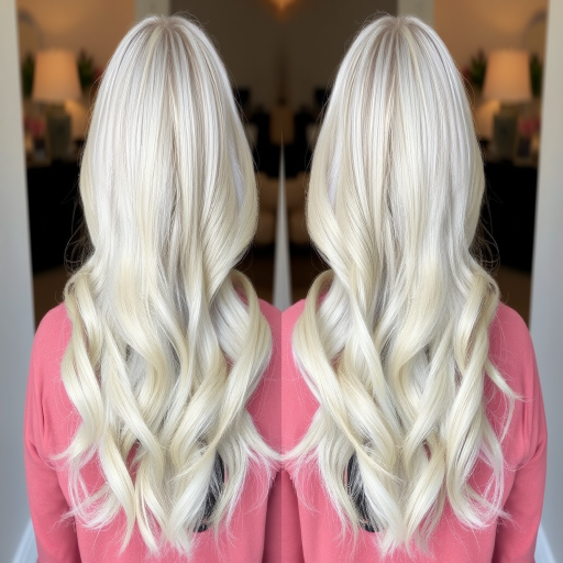 Ethereal waist-length white-blonde waves with a center part, showcasing a subtle silver sheen and baby hairs artfully styled, evoking an angelic appearance