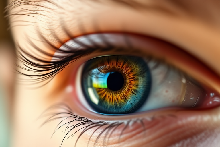 close-up shot of a human eye with intricate details and vibrant colors, f/1.8 aperture, ISO 100, 85mm lens, soft focus background, natural lighting, DSLR camera