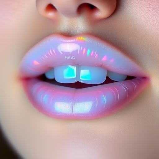 Iridescent opal lip gloss with color-shifting pigments, named "Moonstone Magic," providing a mesmerizing prismatic effect and plumping properties, suited for ethereal makeup looks