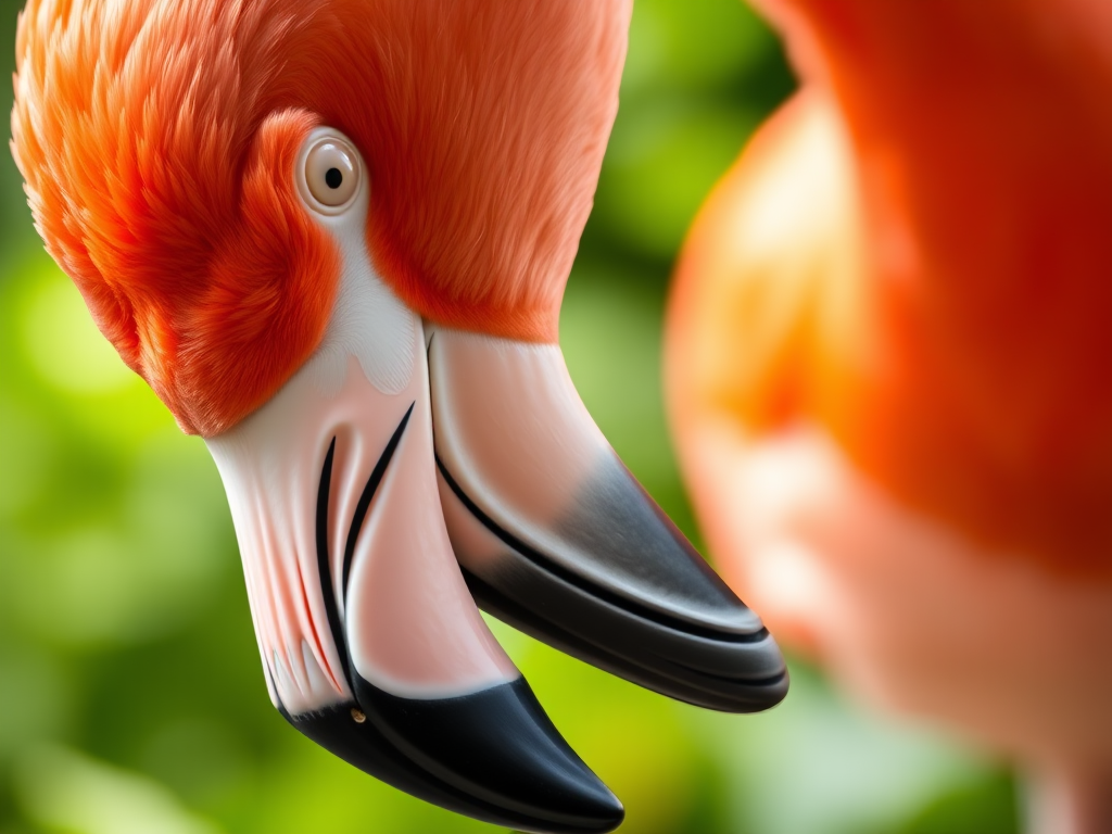 Flamingo portrait, shallow depth of field, f/2.8 aperture, 50mm lens, ISO 100, natural lighting, capture at eye level, DSLR camera, vibrant greens in the background, focus on the flamingo's head and beak.