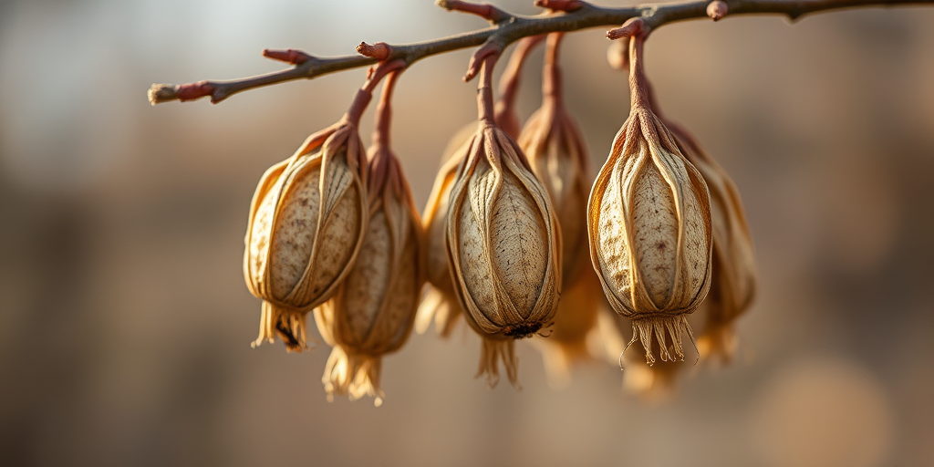 Capture a close-up shot of dried seed pods hanging from a branch with a blurred background, using a Canon EOS R5, 85mm f/1.2 lens, aperture at f/2.8, shutter speed of 1/250s, ISO 200, natural lighting for enhanced texture and detail.