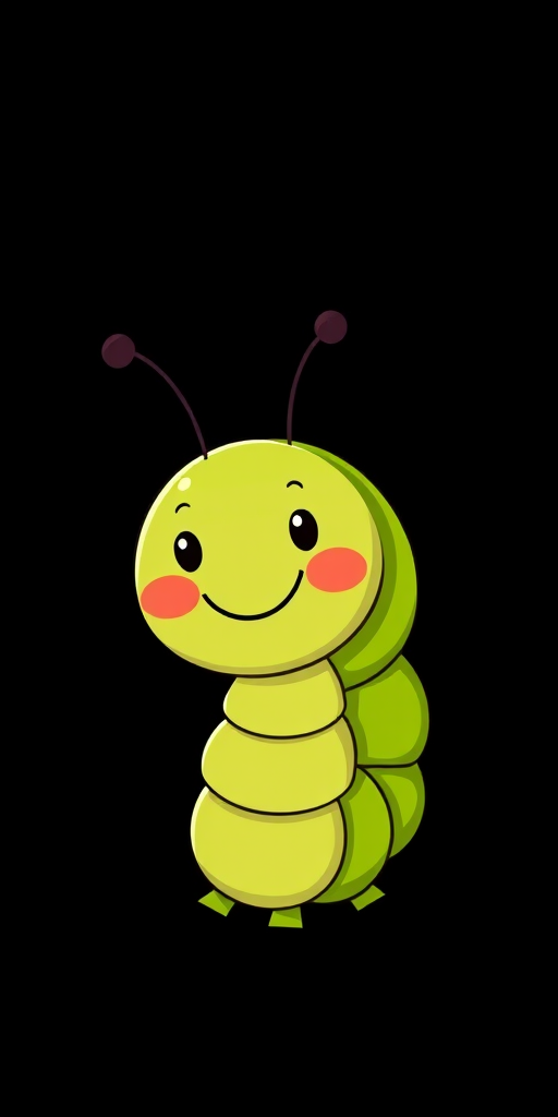 Create a cartoon-style illustration of a happy, curved caterpillar with a smiling face against a solid black background, using a DSLR camera with a 50mm lens at f/2.8, ISO 100, and a soft focus view to enhance the image quality.