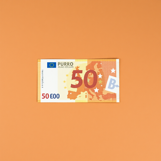 Create a high-resolution image of a 50 euro banknote centered on a neutral brown background, using a DSLR camera with a 50mm lens at f/2.8, ISO 100, and 1/200s shutter speed for sharpness and clarity, capturing a flat view from above.
