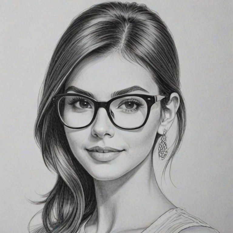 Resplendent Victoria Justice, pencil sketch, portrait of Magnificent woman 1964s in glasses, hair style beatnik, outline, clear lines, fine lines, 8k