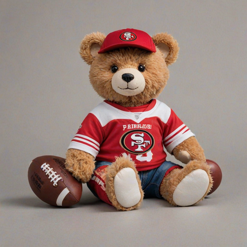 A cute and fluffy teddy bear dressed in a San Francisco 49ers-themed outfit, wearing a red cap with the 49ers logo, aviator sunglasses, and a white football jersey with red accents. The bear is also wearing casual jeans and red and white sneakers, while sitting in a relaxed pose with a football beside it. The teddy bear has a cool, laid-back attitude, with a sporty vibe. The background is clean and minimal, highlighting the bear as the main focus.