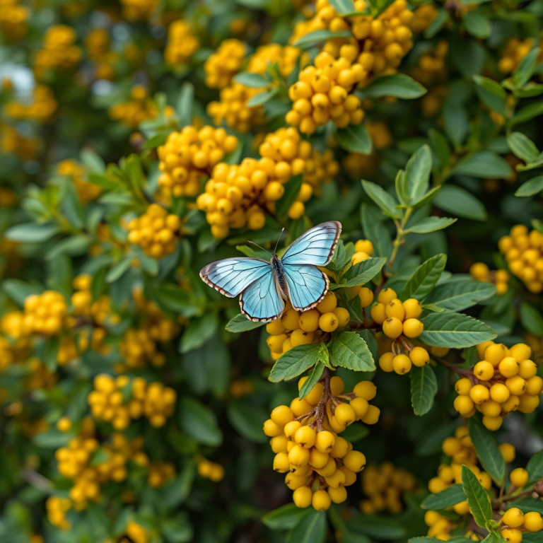 Create an image of a lush green bush filled with vibrant yellow berries. In the center, a delicate butterfly with light blue wings rests on the leaves. The background should be softly blurred to enhance the focus on the butterfly and the bright yellow berries.