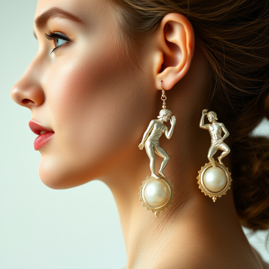 beautiful young lady with hair done up, and an exquisite pair of earings, made from mother of pearl, shimmering, and composed of different men in poses as he climbs up the long earing