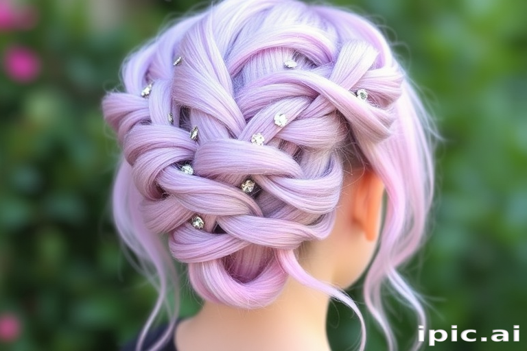 Ethereal lavender strands blend seamlessly into soft pink ends, forming a delicate waterfall braid crowned with sparkling crystal hairpins, showcasing the enchanting "Fairy Whisper" hairdo