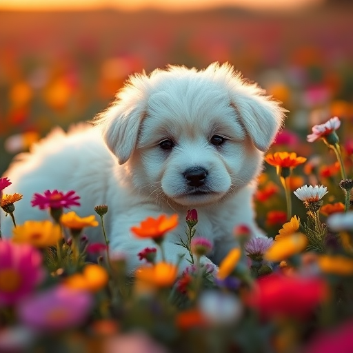 create a highly detailed image of a fluffy white puppy lying in a field of colorful flowers during golden hour, using a Canon EOS R5, 85mm lens, f/1.8 aperture, ISO 200, with a shallow depth of field for a soft background blur and vibrant colors.
