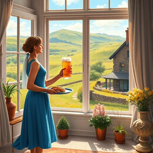 In "A Glass of Beer on the Highland," a serene scene is depicted in a sunlit room where a woman in a vibrant blue dress stands by a large window. She holds a tray with a hearty meal and a frothy glass of beer, embodying a moment of relaxation. Outside, the breathtaking highland landscape features rolling green hills and a charming traditional house, all bathed in warm afternoon light. The interior is adorned with potted plants, creating a harmonious blend of comfort and nature. The painting beautifully captures the tranquility and joy found in simple pleasures amidst stunning scenery
