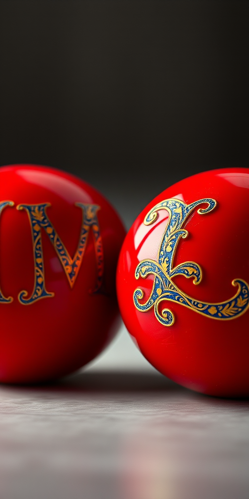 Create a high-resolution image of two glossy red spheres with the letters M and L embossed on them, featuring intricate blue and gold patterns, taken with a DSLR camera, 50mm lens, f/2.8 aperture, 1/200s shutter speed, and 100 ISO, using a soft focus background.