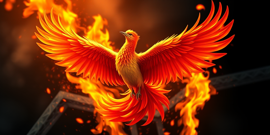 Create a high-resolution vector illustration of a phoenix rising from flames, with intricate feather details, vibrant colors, and dynamic pose, captured using a DSLR camera at f/8 aperture, ISO 100, 50mm lens, top-down view, and in bright natural lighting to enhance contrast and detail.