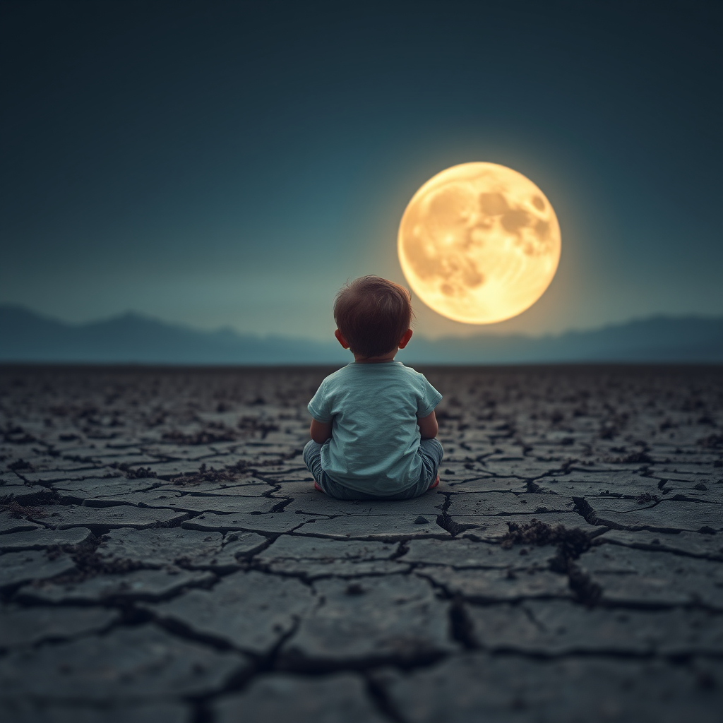 Generate an image of a child sitting on a cracked earth surface, gazing at a large glowing moon, captured with a Canon EOS 5D Mark IV, f/1.8 aperture, ISO 200, in a soft-focus style with a wide-angle lens to enhance the dreamy atmosphere.