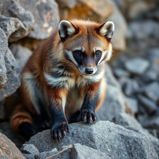Wolverine sitting on a rocky surface, natural light, f/4, 1/500s, ISO 200, 85mm lens, shallow depth of field, close-up, DSLR camera.