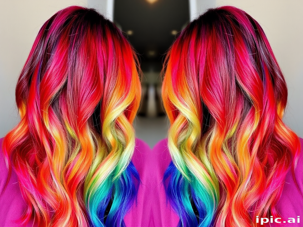 Ombre rainbow hair flowing from vibrant red roots through every color of the spectrum to indigo tips, styled in loose beach waves called Prism Cascade