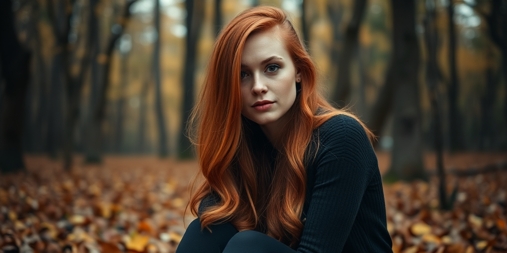 portrait of a woman with long red hair seated in a forest with falling leaves, soft natural lighting, aperture f/1.8, shutter speed 1/125 sec, ISO 100, 50mm lens, shallow depth of field, taken with a DSLR camera