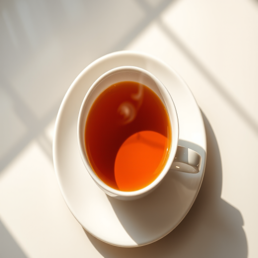 photograph of a steaming cup of tea on a white saucer, taken with a Canon EOS R5, 50mm lens, f/1.8 aperture, ISO 100, natural light, top-down view, high resolution