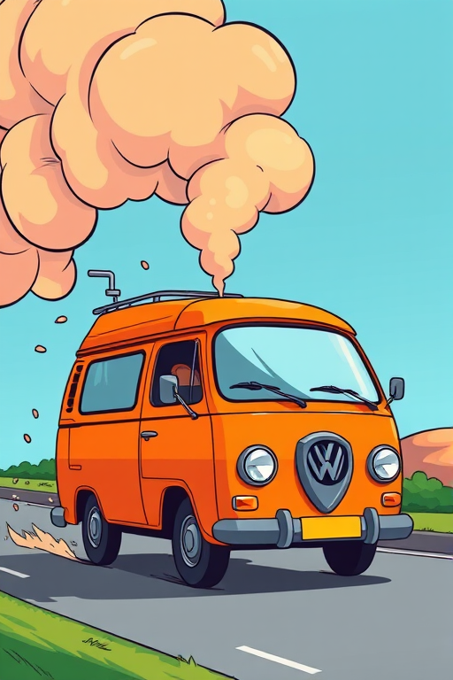A vibrant cartoon-style illustration of a small orange van driving with a whimsical cloud of smoke behind it, captured with a Canon EOS R5, 35mm lens, aperture f/2.8, ISO 100, in vibrant colors and high contrast for enhanced image quality.
