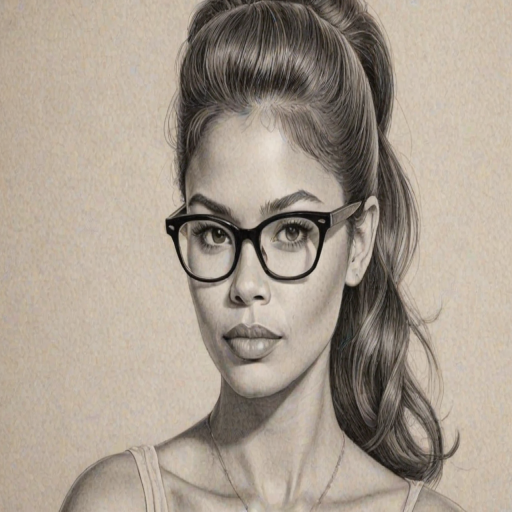 Attractive Jennifer Freeman, pencil sketch, portrait of Fascinating woman 1958s in glasses, hair style beatnik, outline, clear lines, fine lines, 8k