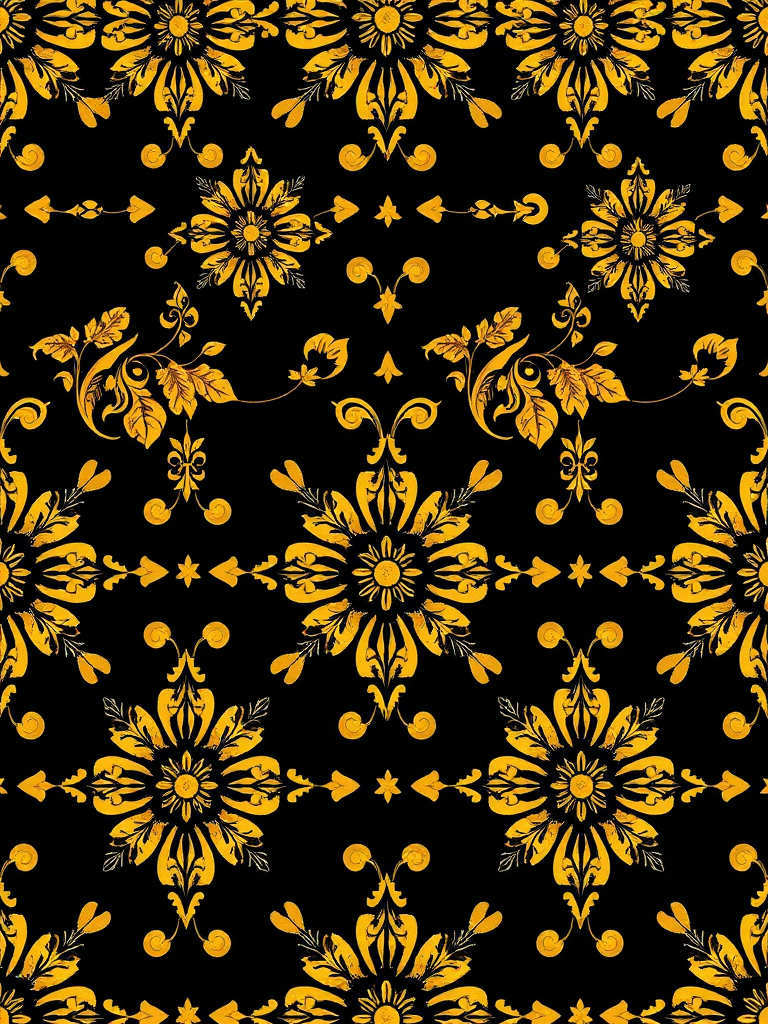 Create a seamless pattern of intricate golden floral designs on a dark background, shot with a 50mm lens at f/8 for depth of field and clarity, using a DSLR camera with a high ISO setting for enhanced texture and detail.