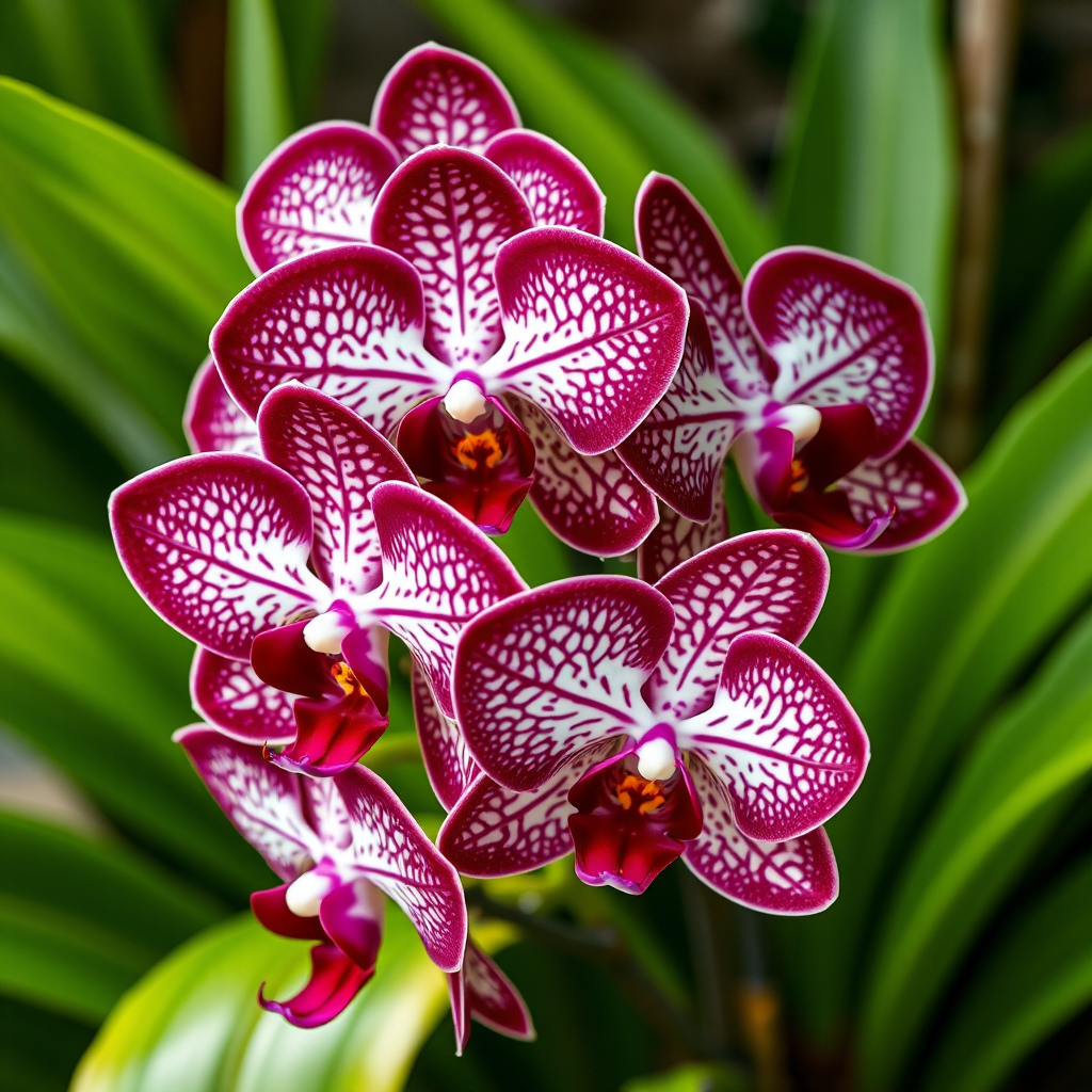 A vibrant arrangement of deep burgundy orchids with intricate white and purple patterns, lush green leaves in the background, shot using a DSLR camera, f/2.8 aperture, 1/200 sec shutter speed, 50mm lens, natural lighting, macro photography style.