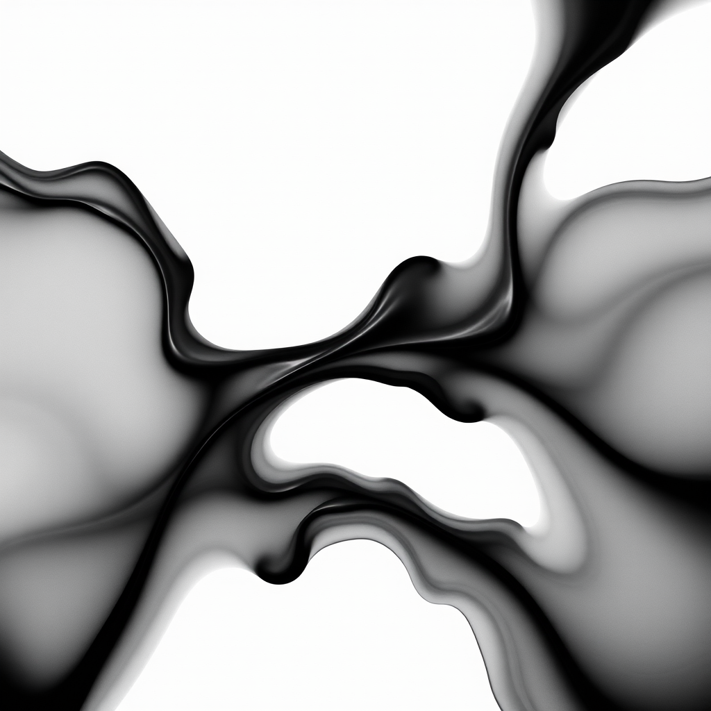 create an abstract black shape on a white background with intricate details and smooth gradients, using a DSLR camera with a 50mm lens at f/1.8, ISO 100, and a shallow depth of field for enhanced focus and clarity, shot from a top-down angle in natural light.