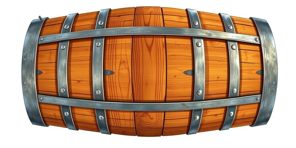 Create a highly detailed illustration of a wooden barrel on a plain background, capturing the texture of the wood and the shine of the metal bands, shot with a Canon EOS R5 at f/4, ISO 100, 50mm lens, in natural light for enhanced color accuracy and depth.