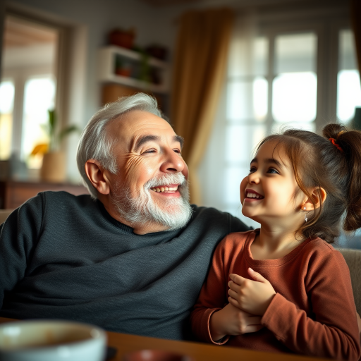 portrait of a joyful elderly man and a young girl sharing a loving moment indoors, soft natural lighting, shallow depth of field, captured with a Canon EOS R5, 50mm lens, aperture f/1.8, ISO 200, warm color tone