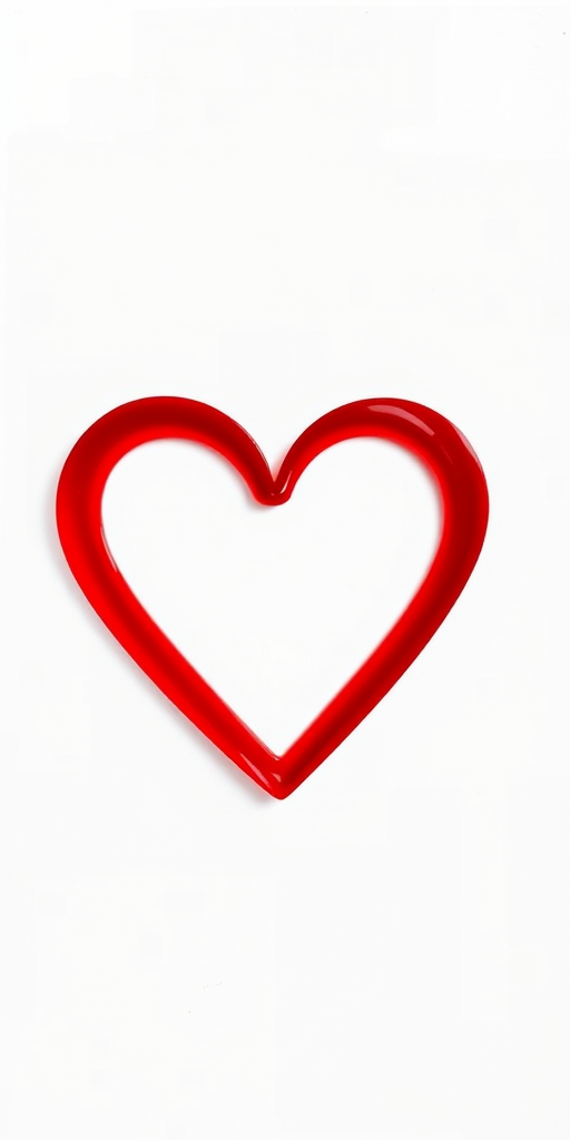 Create a vibrant red heart shape on a white background, using a DSLR camera with a 50mm lens, aperture set to f/1.8, ISO 100, and shot from a top-down view in natural light to enhance contrast and clarity.