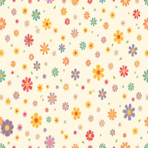 Create a seamless pattern featuring small colorful flowers scattered across a light cream background with a whimsical and cheerful design.