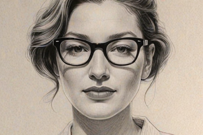 Sublime Kelly Macdonald, pencil sketch, portrait of Alluring woman 1954s in glasses, hair style beatnik, outline, clear lines, fine lines, 8k