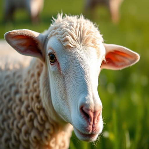 A close-up shot of a sheep in a green field during daylight, with a shallow depth of field, using a DSLR camera with a 50mm lens, aperture f/2.8, ISO 200, shutter speed 1/200s, capturing vibrant colors and sharp details.