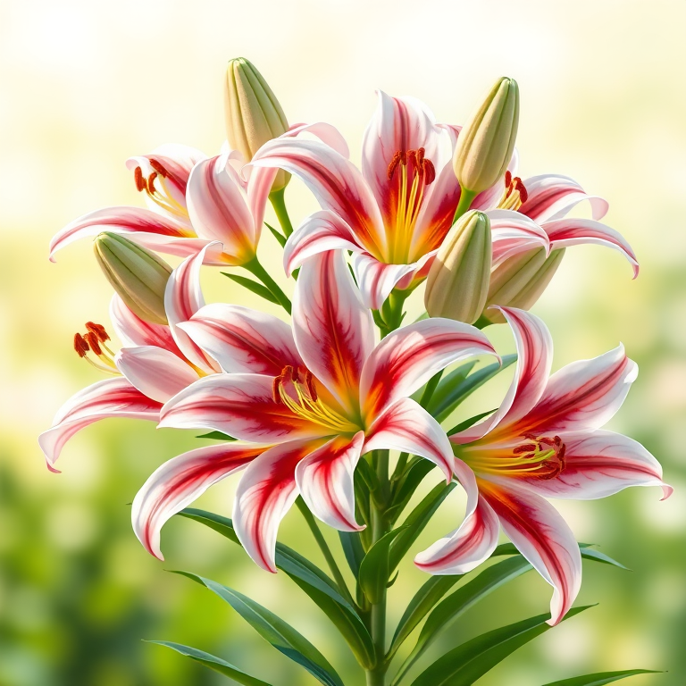 Create a vibrant illustration of a cluster of lilies with detailed petals and leaves against a soft blurred background, using a Canon EOS R5, f/2.8 aperture, ISO 100, 50mm lens, natural light for enhanced color and clarity.