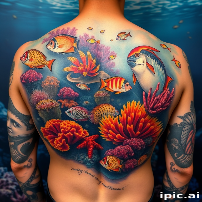 Stunning realism tattoo on the back, depicting a lifelike underwater scene with colorful coral reefs and tropical fish, employing hyper-realistic shading and color blending for an incredibly detailed result