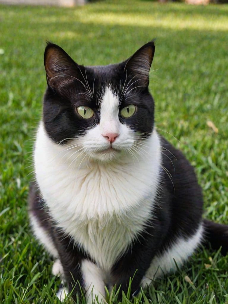 A close-up photograph of a white and black cat sitting on a green lawn. Its tail is curled neatly beside it, and the cat's face is predominantly white. It has a distinctive expression, resembling a domestic shorthair, with slightly squinted eyes that give it a look of frustration. In the background, the White House in Washington, D.C. looms, while the cat sits angrily on the grass, its posture showing intense displeasure.