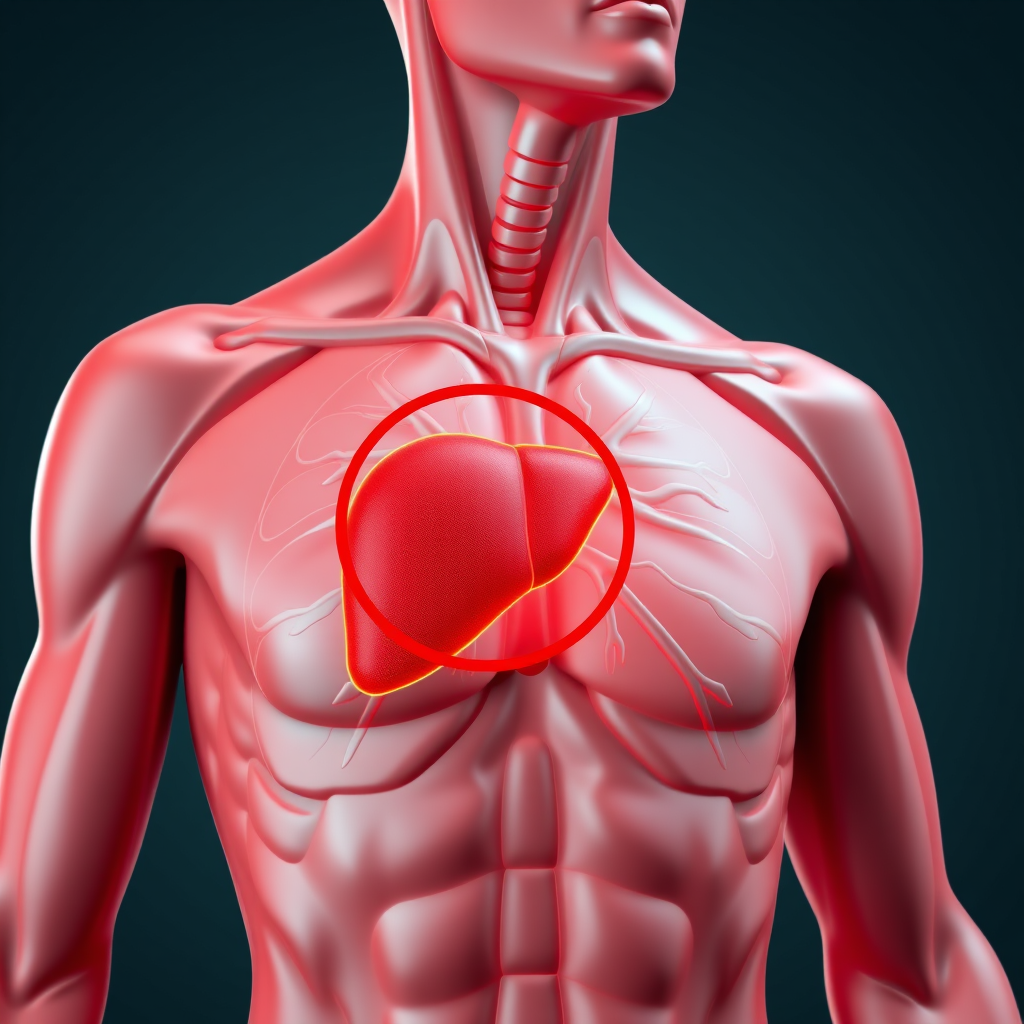 Create a high-resolution 3D anatomical illustration of a human torso highlighting the liver with a circular red overlay, using a Canon EOS R5 camera, 24-70mm f/2.8 lens, f/8 aperture, 1/60 sec shutter speed, and ISO 100, with a focus on vibrant colors and fine details.