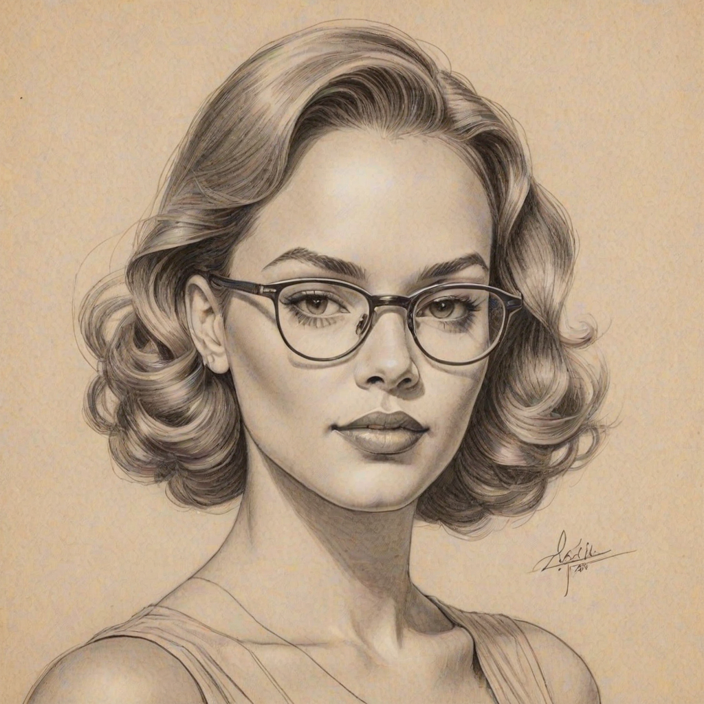 Sublime Leslie Grace, pencil sketch, portrait of Alluring woman 1937s in glasses, hair style beatnik, outline, clear lines, fine lines, 8k