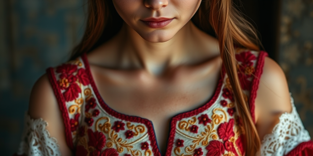 Face, shoulders, chest covered in openwork Romani embroidery. Raw, unedited image.