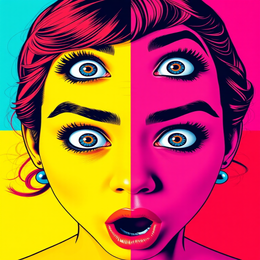 Create a vibrant, high-resolution pop art image featuring four quadrants of a surprised woman's face, with settings: f/4.0 aperture, ISO 100, 50mm lens, top-down view, using a DSLR camera with vivid color profiles and sharp focus for enhanced clarity.