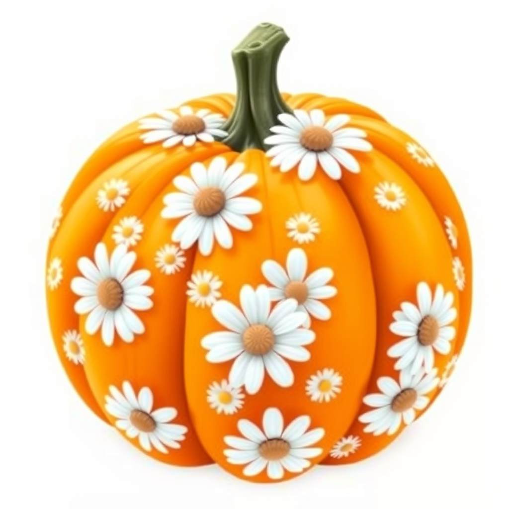 a whimsical orange pumpkin with white daises pattern covering the pumpkin. Solid white background sublimation vector 3000dpi 32k