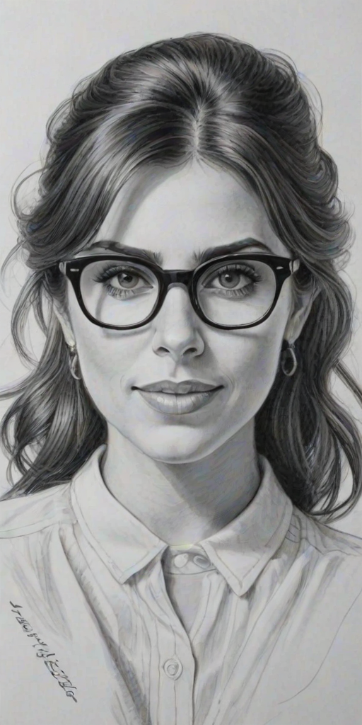 Resplendent Jamie-Lynn Sigler, pencil sketch, portrait of Lovely woman 1946s in glasses, hair style beatnik, outline, clear lines, fine lines, 8k