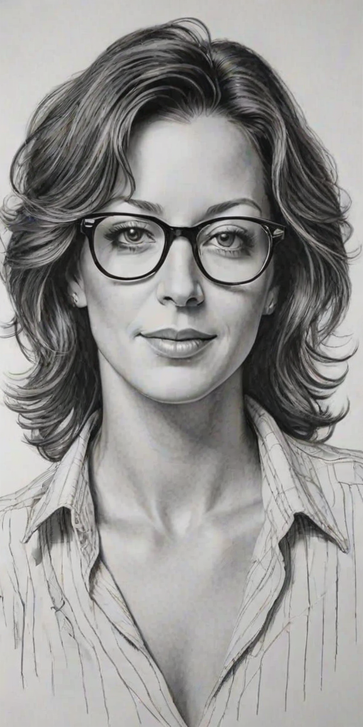 Resplendent Sarah McLachlan, pencil sketch, portrait of Stunning woman 1980s in glasses, hair style beatnik, outline, clear lines, fine lines, 8k