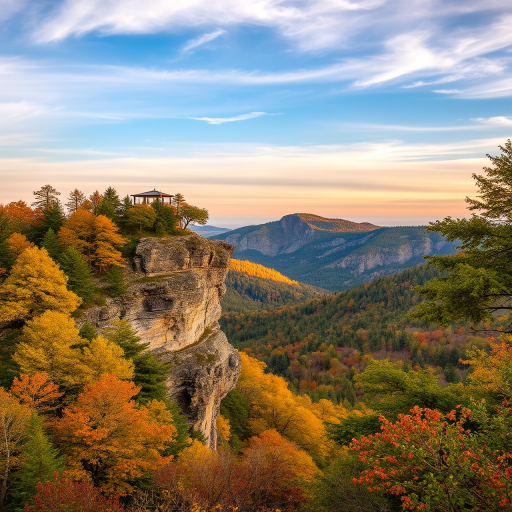 regenerate a landscape image of a rocky cliff with a lookout point surrounded by vibrant green and autumn-colored trees in a mountainous area, capture it using a DSLR camera with a 24mm lens, aperture f/8, ISO 100, shot from a high vantage point during golden hour for enhanced lighting and colors