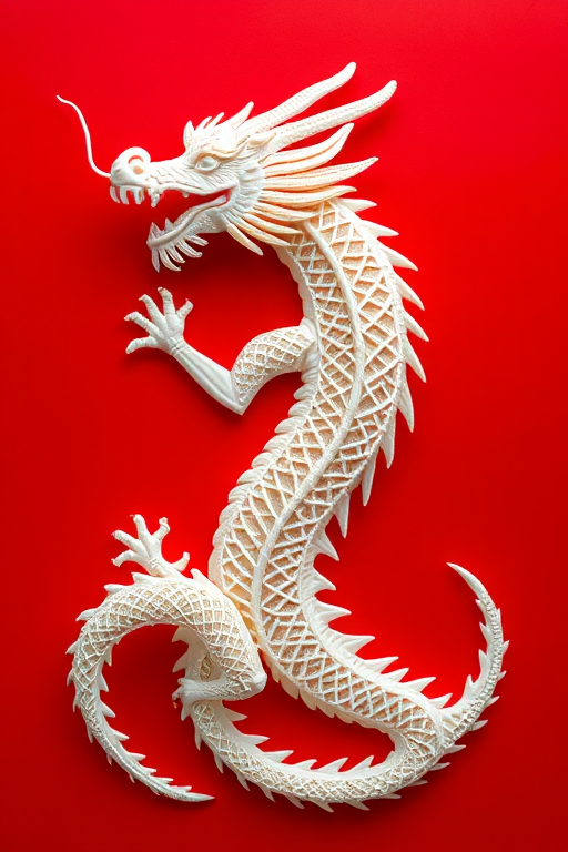 Create a high-resolution image of a stylized white dragon with intricate patterns on a vivid red background, captured with a DSLR camera at f/8, ISO 100, 24mm lens, in a flat lay view to enhance details and texture.