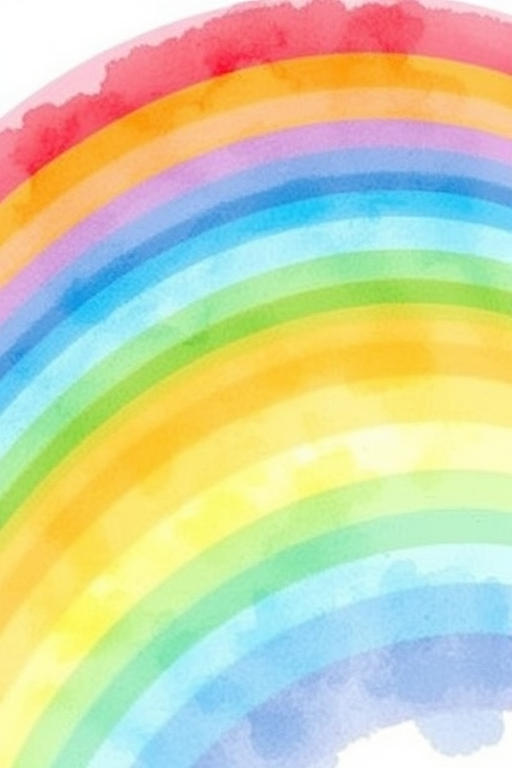 Create a vibrant watercolor rainbow illustration with soft gradient colors, enhanced clarity using a Canon EOS R5 with a 50mm f/1.2 lens, aperture set to f/8, ISO 100, and a focus mode set to AI Servo, capturing the image from a slightly overhead angle for depth.
